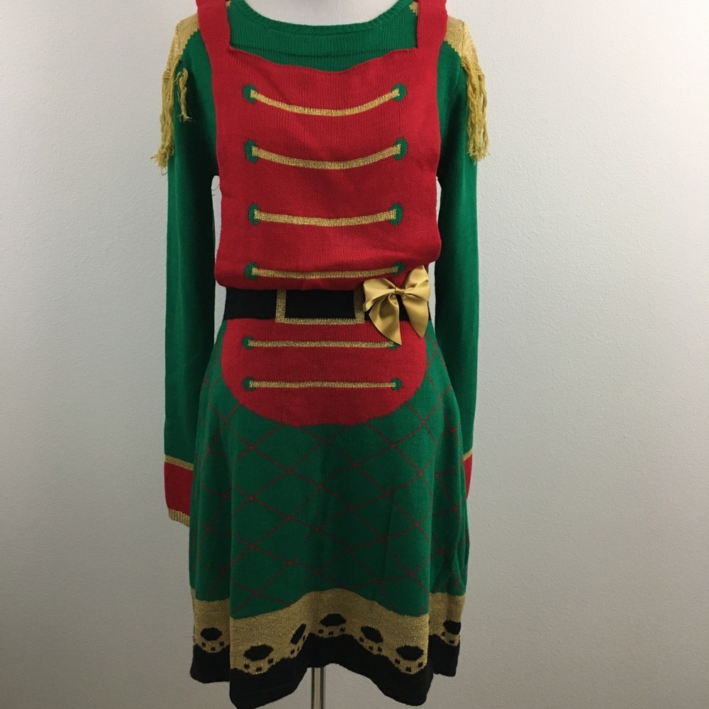 Green and Red Holiday Nutcracker Sweater Dress